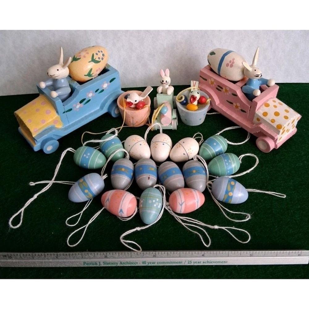 21 PC Lot Vtg Wood Easter Ornaments Spring Hand‎ Painted Eggs Birds Trains Bunny